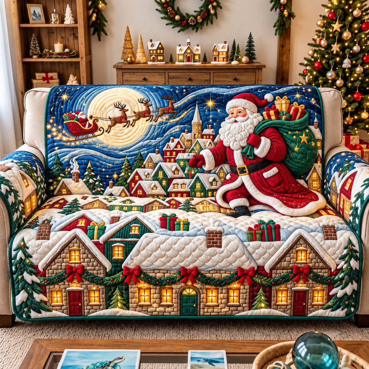 Santa Moonlit Village Quilted Sofa Cover GFTONTD3500