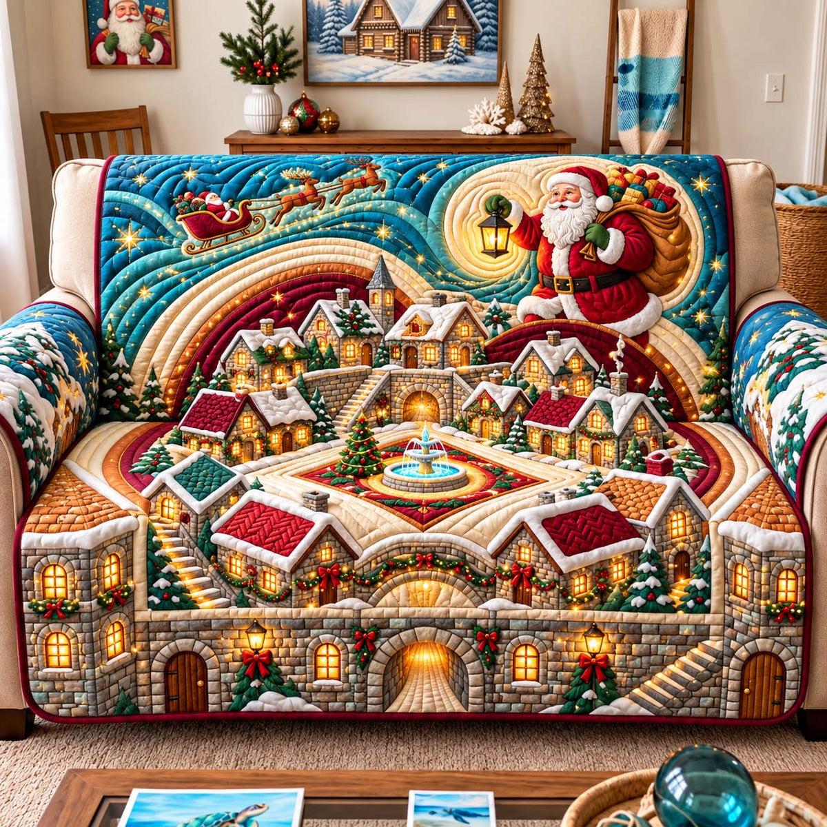 Santa Christmas Plaza Quilted Sofa Cover GFTONTD3501