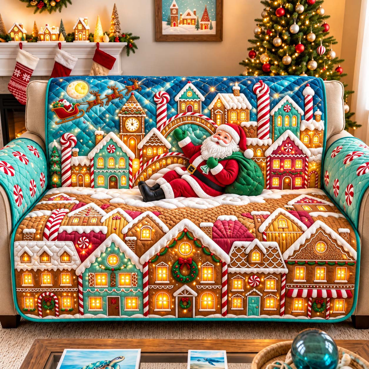 Candy Cane Village Quilted Sofa Cover GFTONTD3504