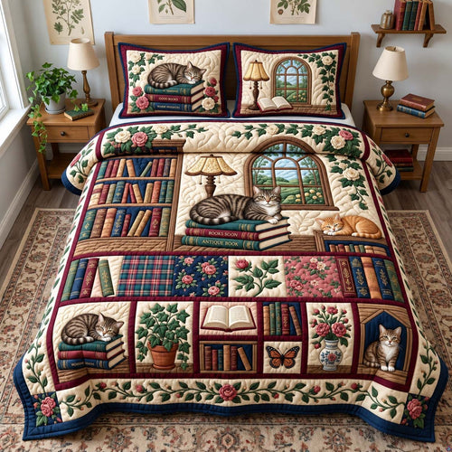 Whiskers And Books 3-Piece Quilted Bedding Set GFTONTD3507