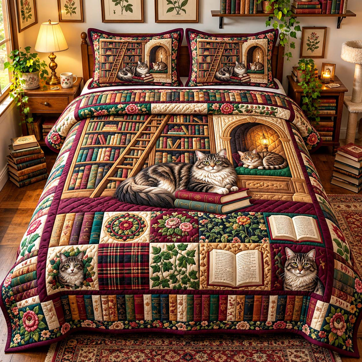 Cozy Cat Bookshelf 3-Piece Quilted Bedding Set GFTONTD3509