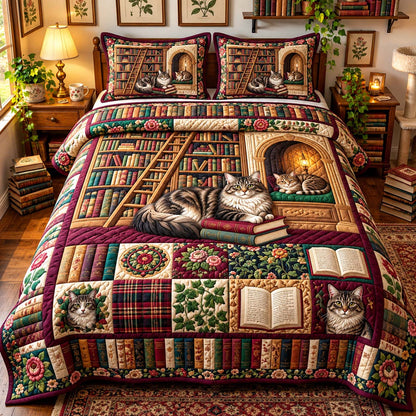 Cozy Cat Bookshelf 3-Piece Quilted Bedding Set GFTONTD3509