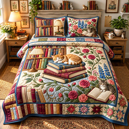 Floral Book Cat 3-Piece Quilted Bedding Set GFTONTD3512