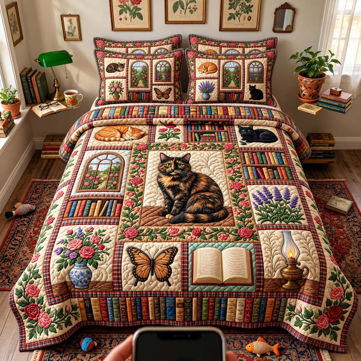 Vintage Library Cat 3-Piece Quilted Bedding Set GFTONTD3513
