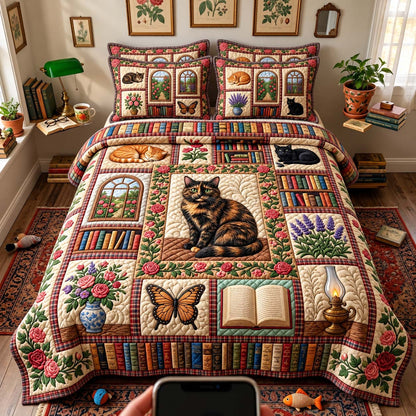 Vintage Library Cat 3-Piece Quilted Bedding Set GFTONTD3513