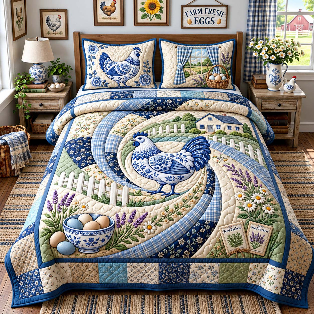 Blue Country Hen 3-Piece Quilted Bedding Set GFTONTD3515