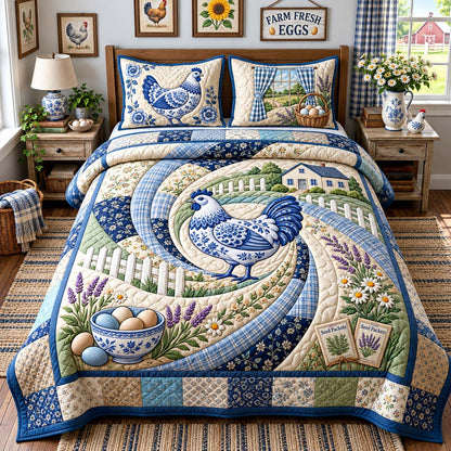 Blue Country Hen 3-Piece Quilted Bedding Set GFTONTD3515