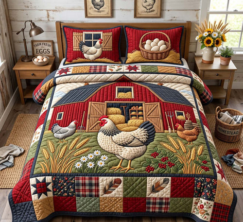 Red Barn Hens 3-Piece Quilted Bedding Set GFTONTD3518
