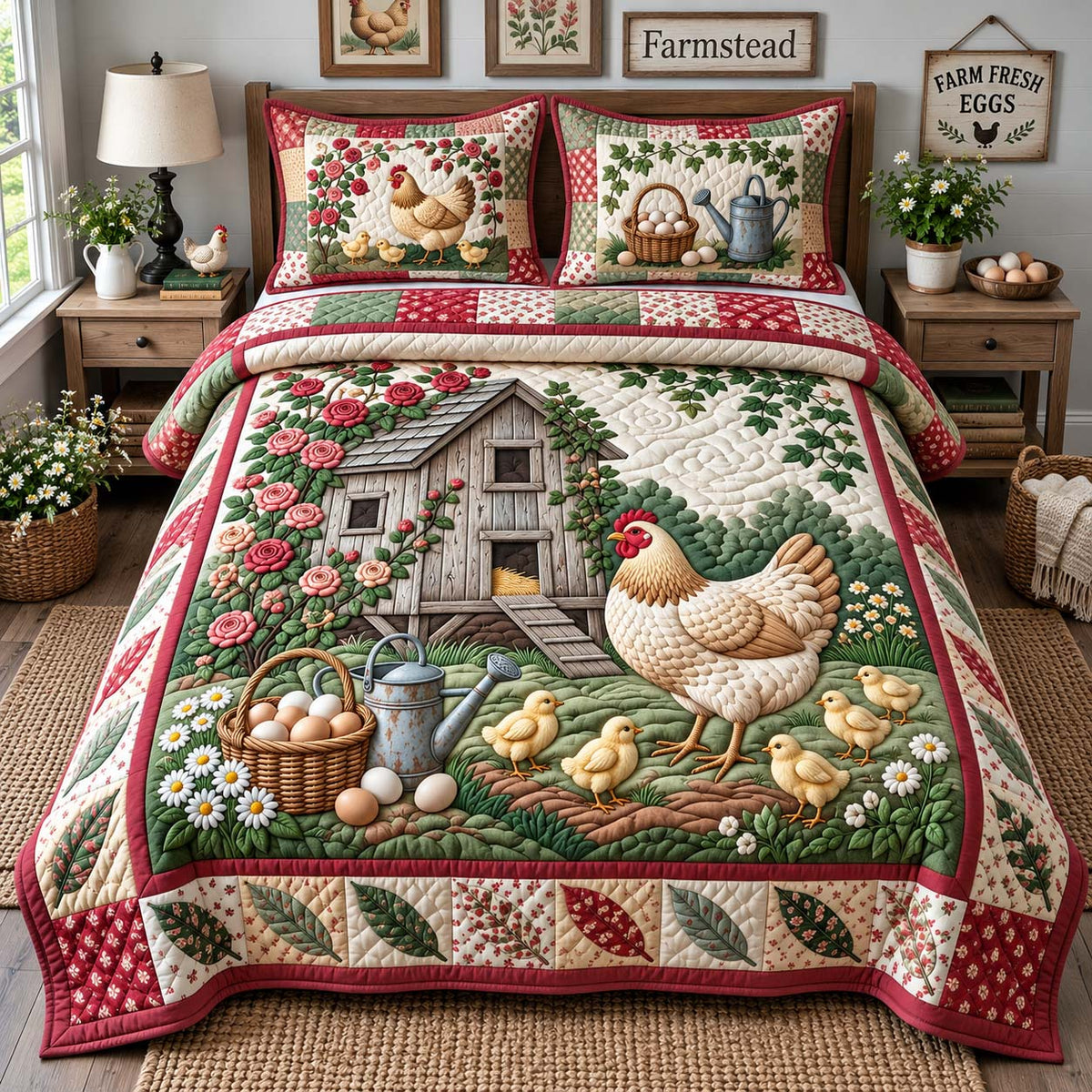 Rose Garden Hen 3-Piece Quilted Bedding Set GFTONTD3519