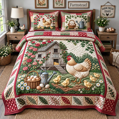 Rose Garden Hen 3-Piece Quilted Bedding Set GFTONTD3519