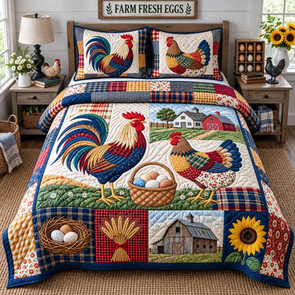 Country Rooster Pair 3-Piece Quilted Bedding Set GFTONTD3520