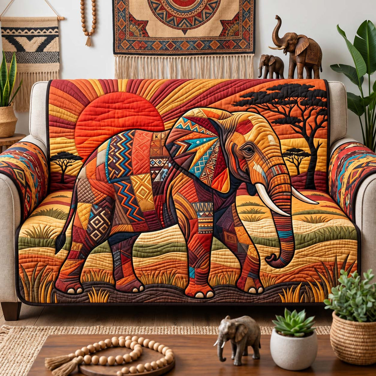 African Sunset Elephant Quilted Sofa Cover GFTONTD3521