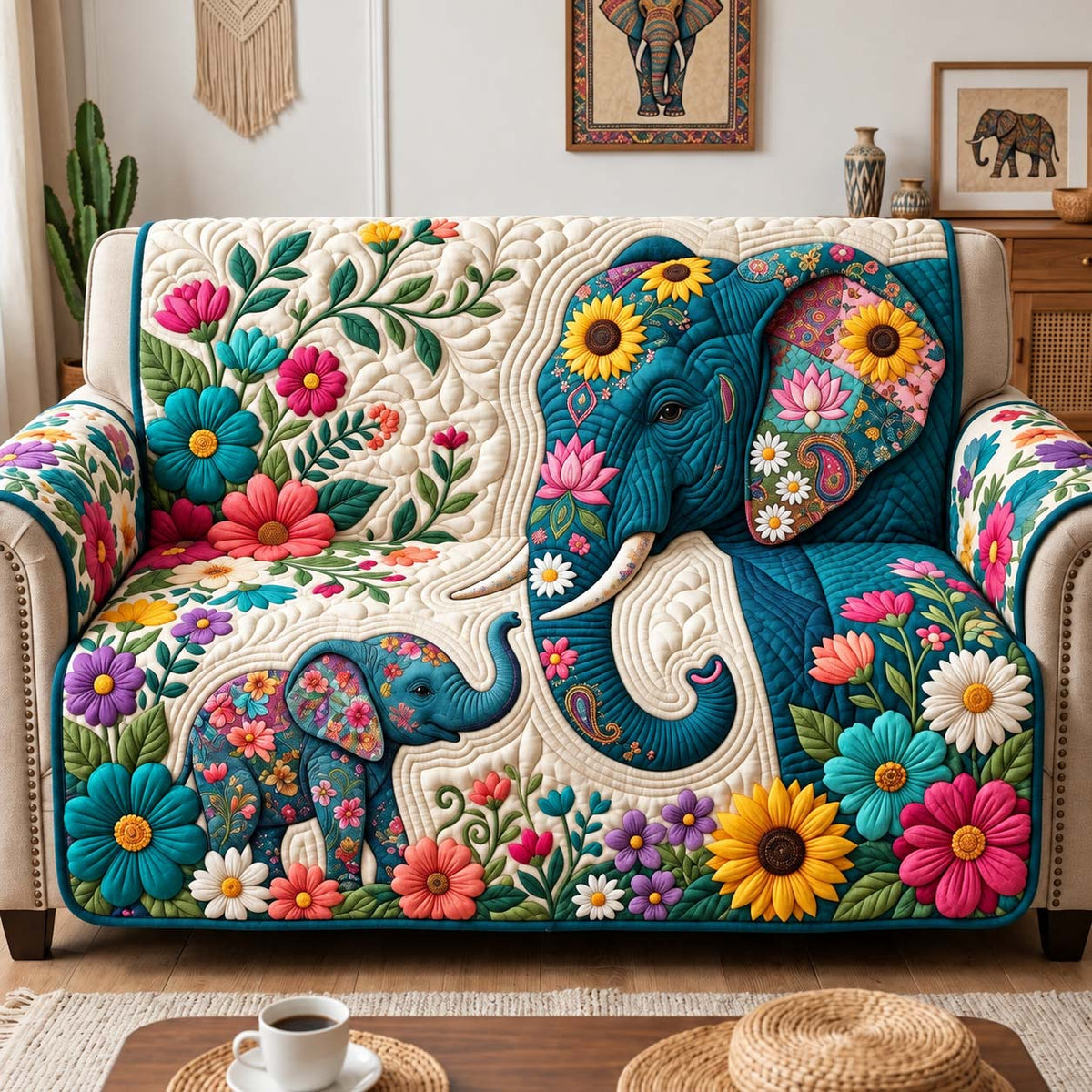 Floral Elephant Garden Quilted Sofa Cover GFTONTD3522
