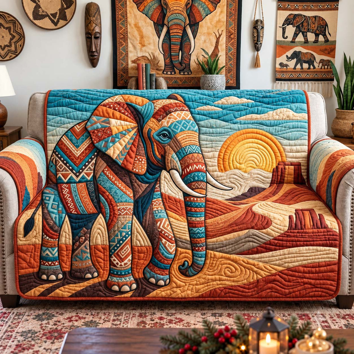 Desert Mosaic Elephant Quilted Sofa Cover GFTONTD3523