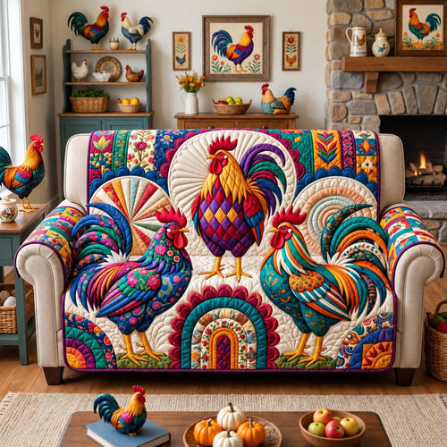 Colorful Rooster Trio Quilted Sofa Cover GFTONTD3534