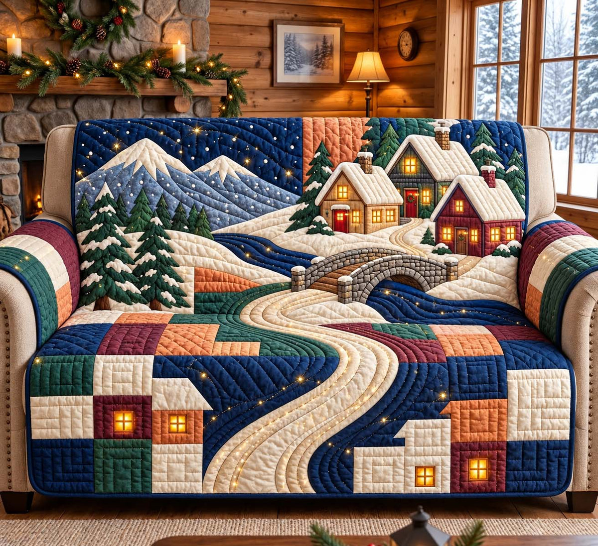 Patchwork Winter Village Quilted Sofa Cover GFTONTD3598