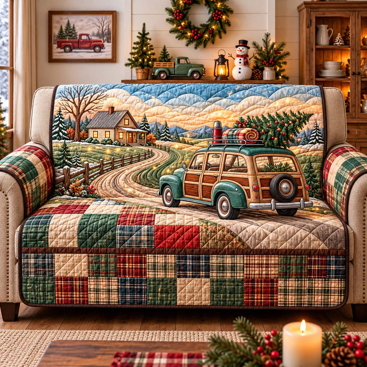 Country Christmas Drive Quilted Sofa Cover GFTONTD3601