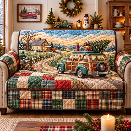 Country Christmas Drive Quilted Sofa Cover GFTONTD3601