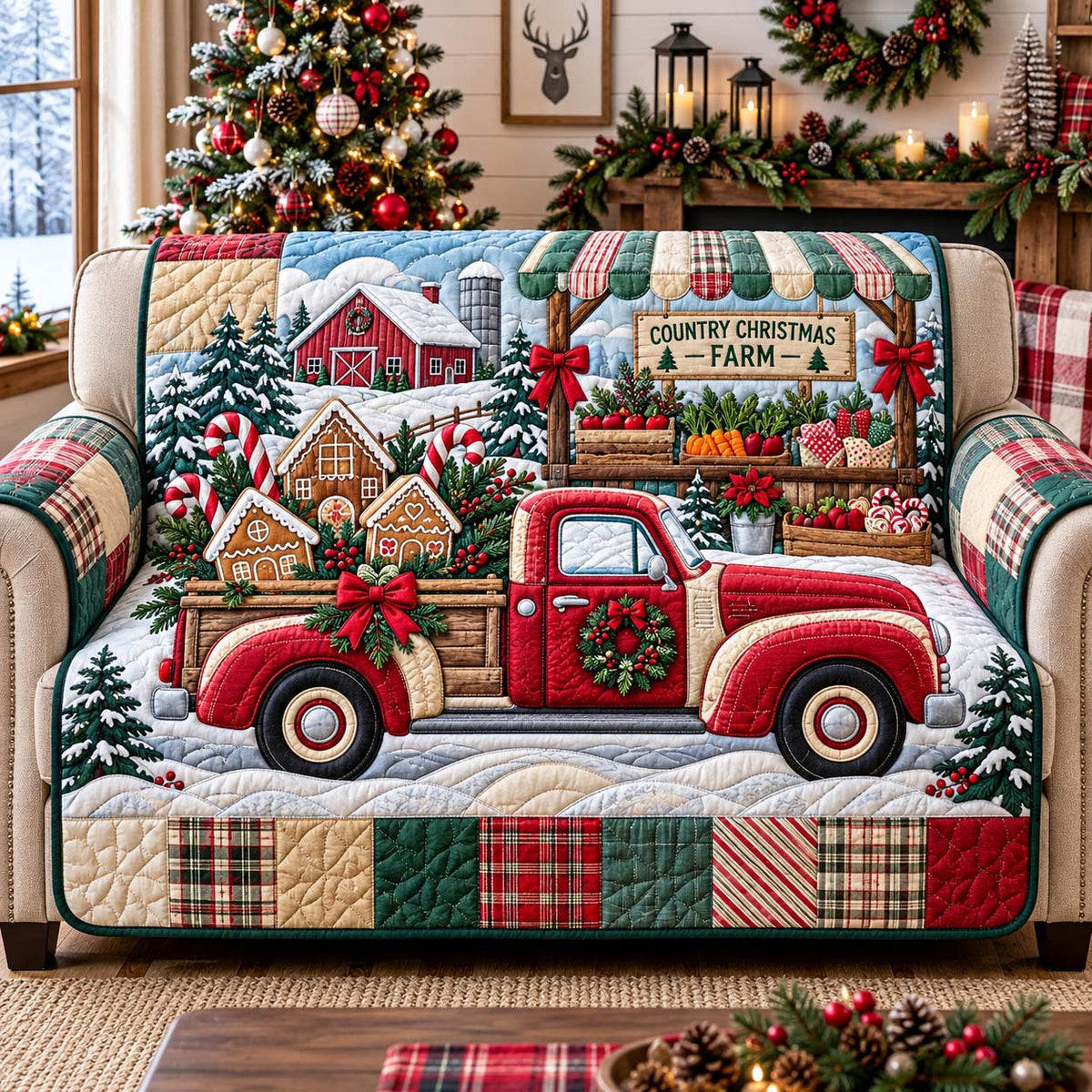 Country Christmas Market Quilted Sofa Cover GFTONTD3603