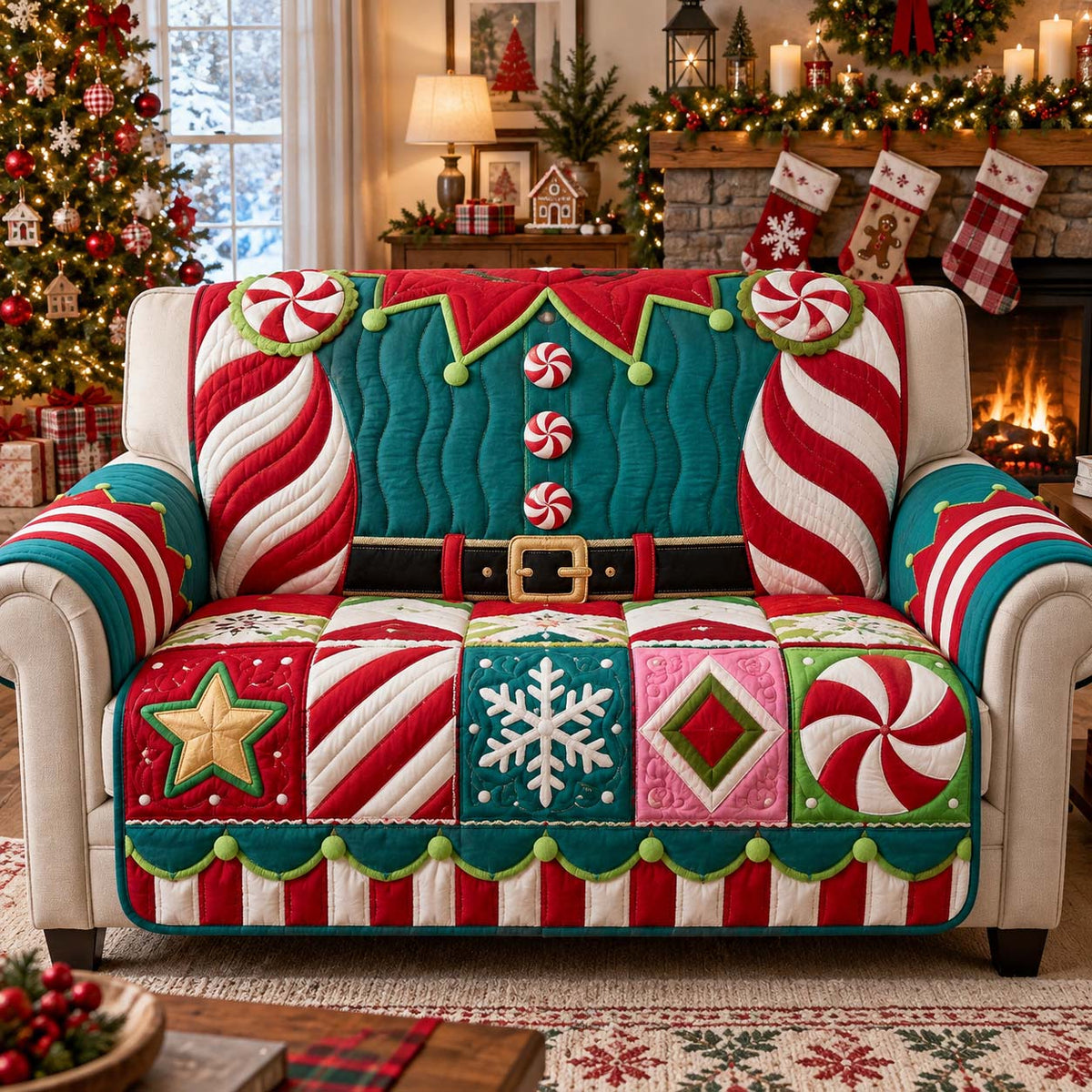 Candy Cane Elf Quilted Sofa Cover GFTONTD3635