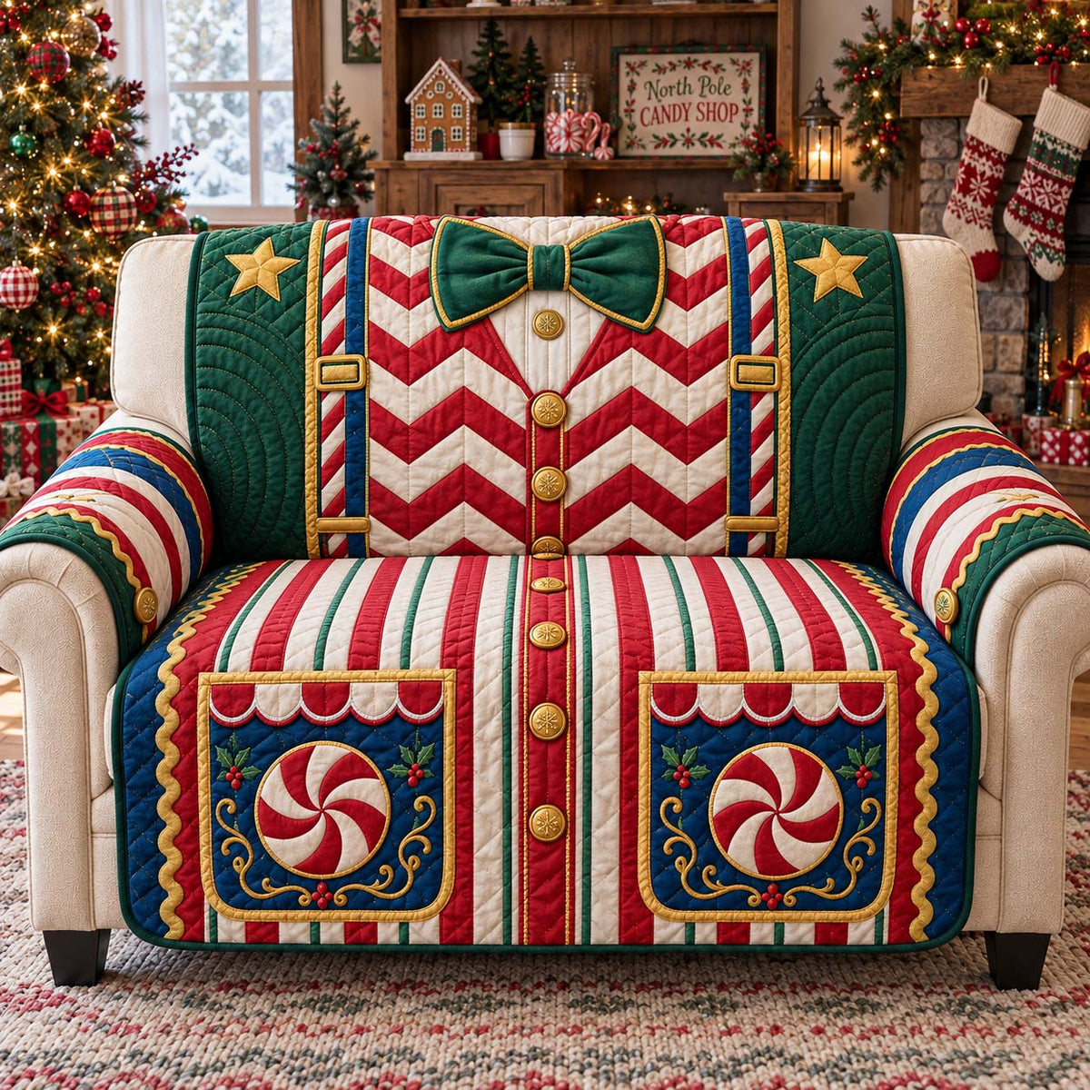 North Pole Candy Quilted Sofa Cover GFTONTD3639