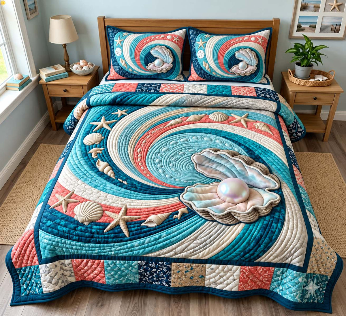 Ocean Pearl Swirl 3-Piece Quilted Bedding Set GFTONTD3655