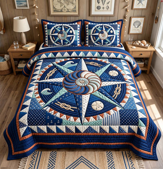 Nautical Shell Compass 3-Piece Quilted Bedding Set GFTONTD3656