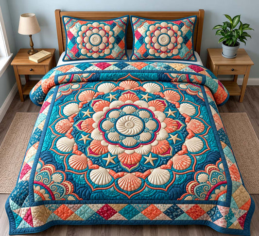 Seashell Ocean Mandala 3-Piece Quilted Bedding Set GFTONTD3661