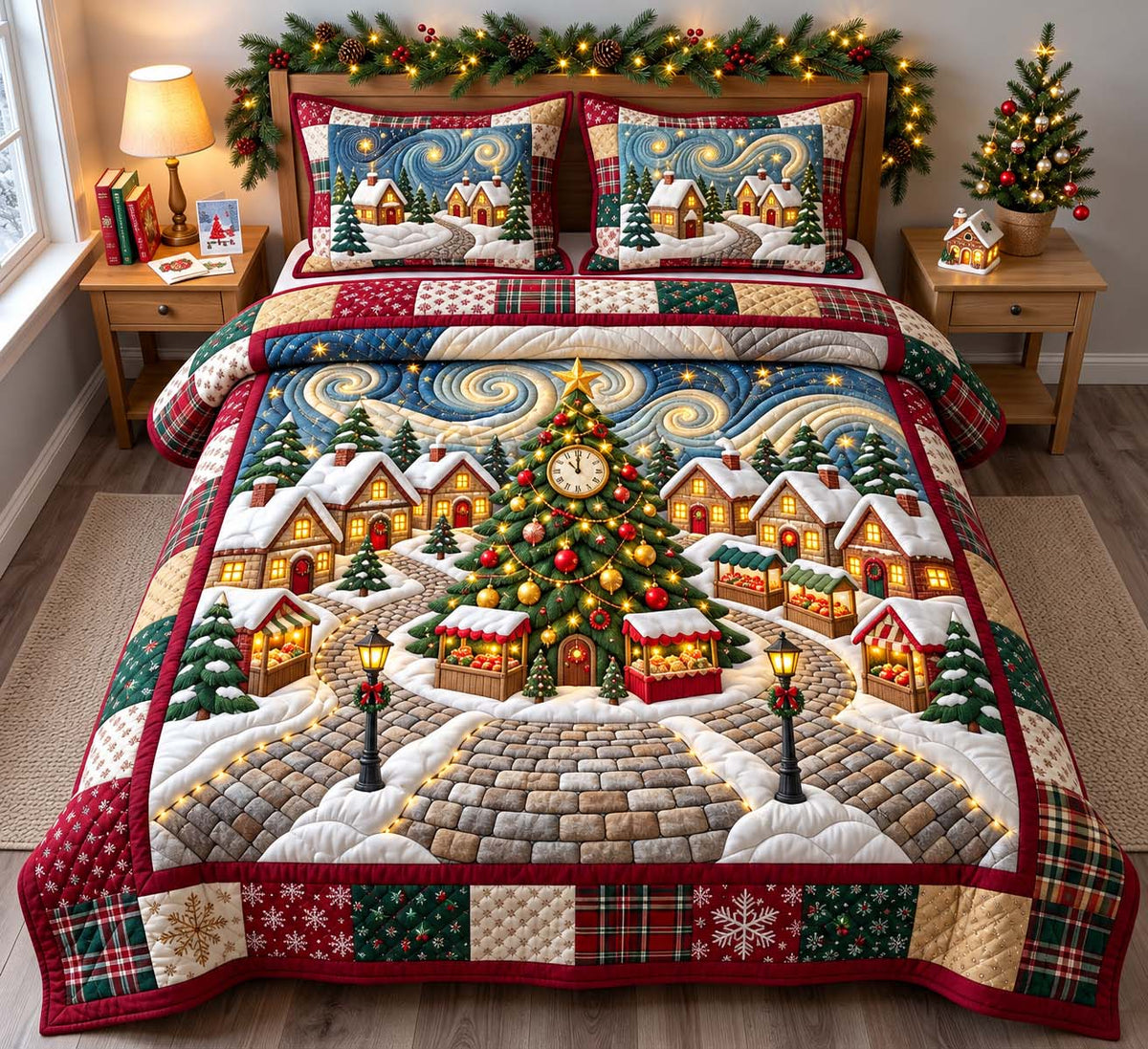 Christmas Market Village 3-Piece Quilted Bedding Set GFTONTD3669