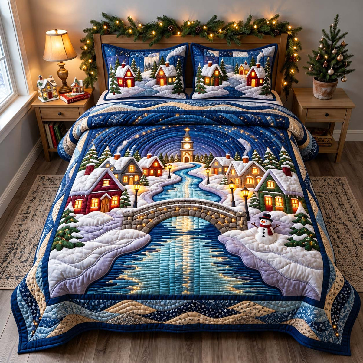 Midnight Winter Village 3-Piece Quilted Bedding Set GFTONTD3670