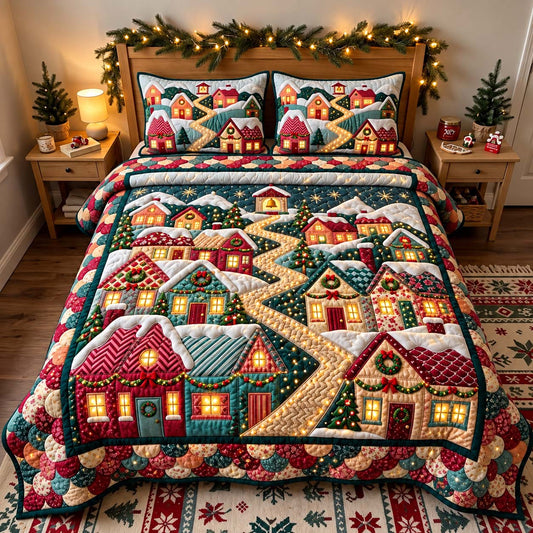 Christmas Cottage Lane 3-Piece Quilted Bedding Set GFTONTD3671