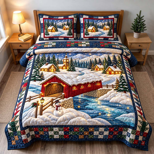 Snowy Covered Bridge 3-Piece Quilted Bedding Set GFTONTD3672