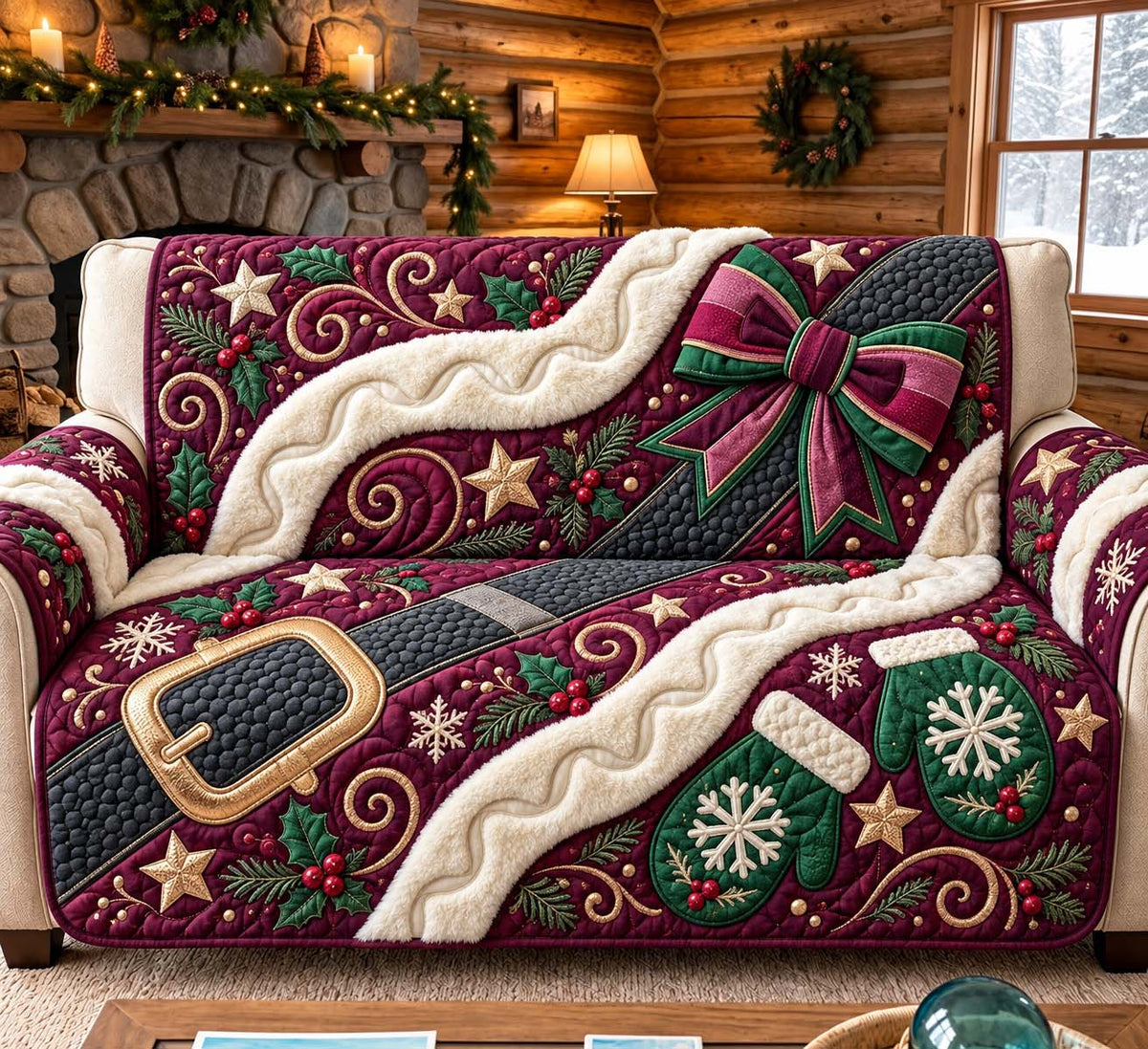 Burgundy Christmas Elegance Quilted Sofa Cover GFTONTD3682
