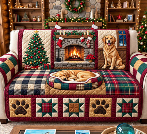 Golden Christmas Fireplace Quilted Sofa Cover GFTONTD3686