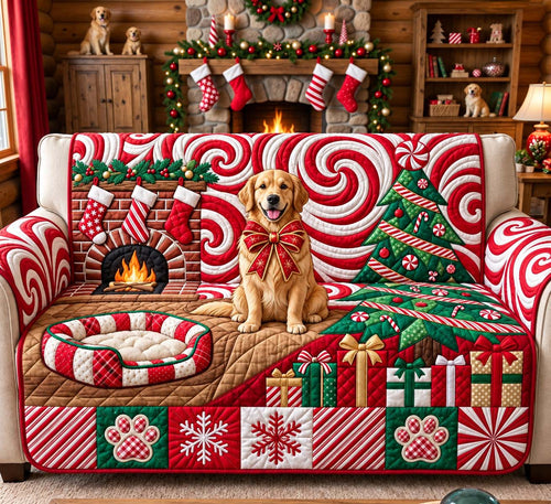 Candy Cane Christmas Golden Quilted Sofa Cover GFTONTD3689