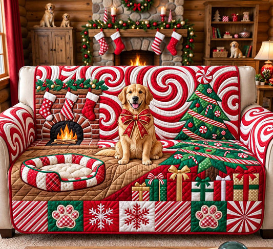 Candy Cane Christmas Golden Quilted Sofa Cover GFTONTD3689