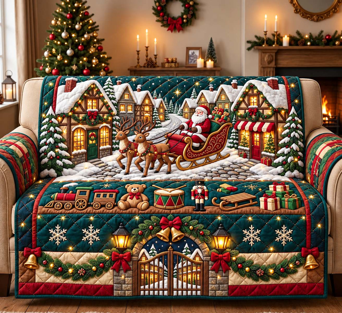 Christmas Village Sleigh Quilted Sofa Cover GFTONTD3740