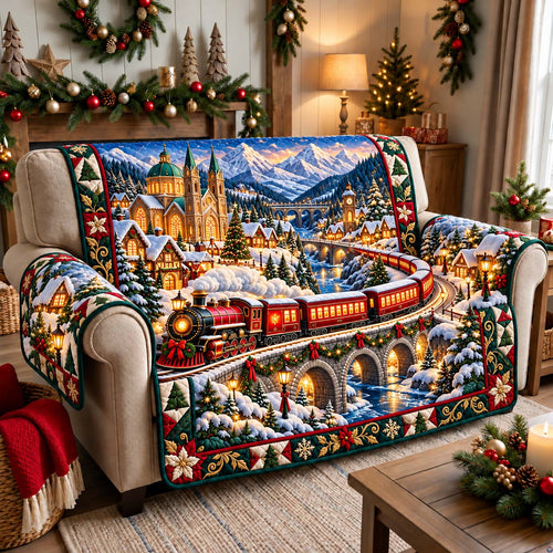 Alpine Christmas Express Quilted Sofa Cover GFTONTD3771
