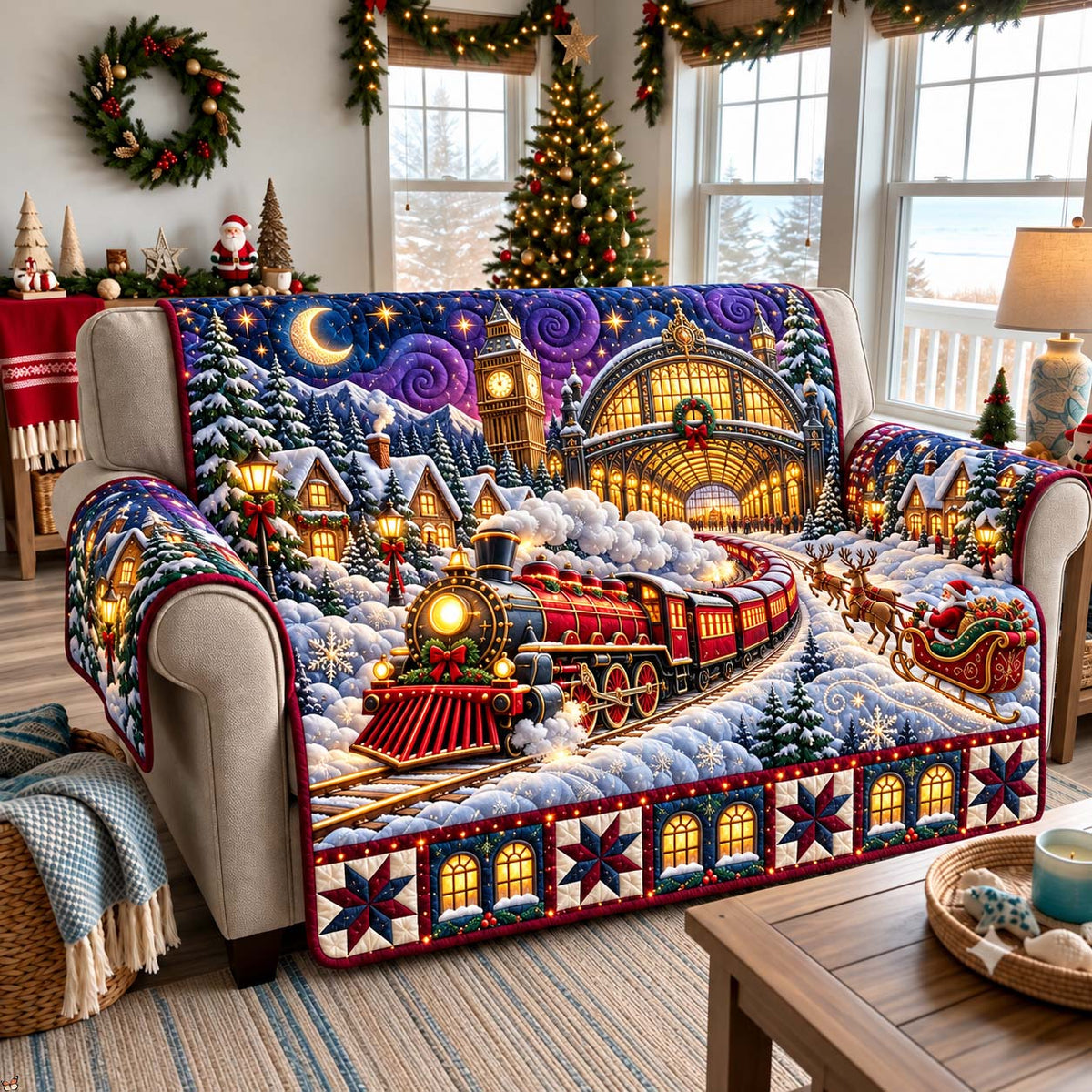 Christmas Station Express Quilted Sofa Cover GFTONTD3772