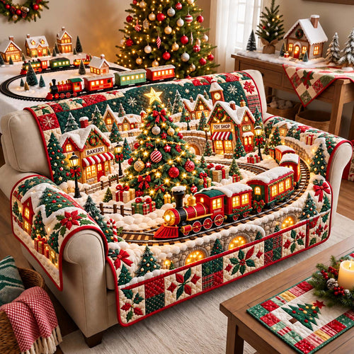 Christmas Village Train Quilted Sofa Cover GFTONTD3774