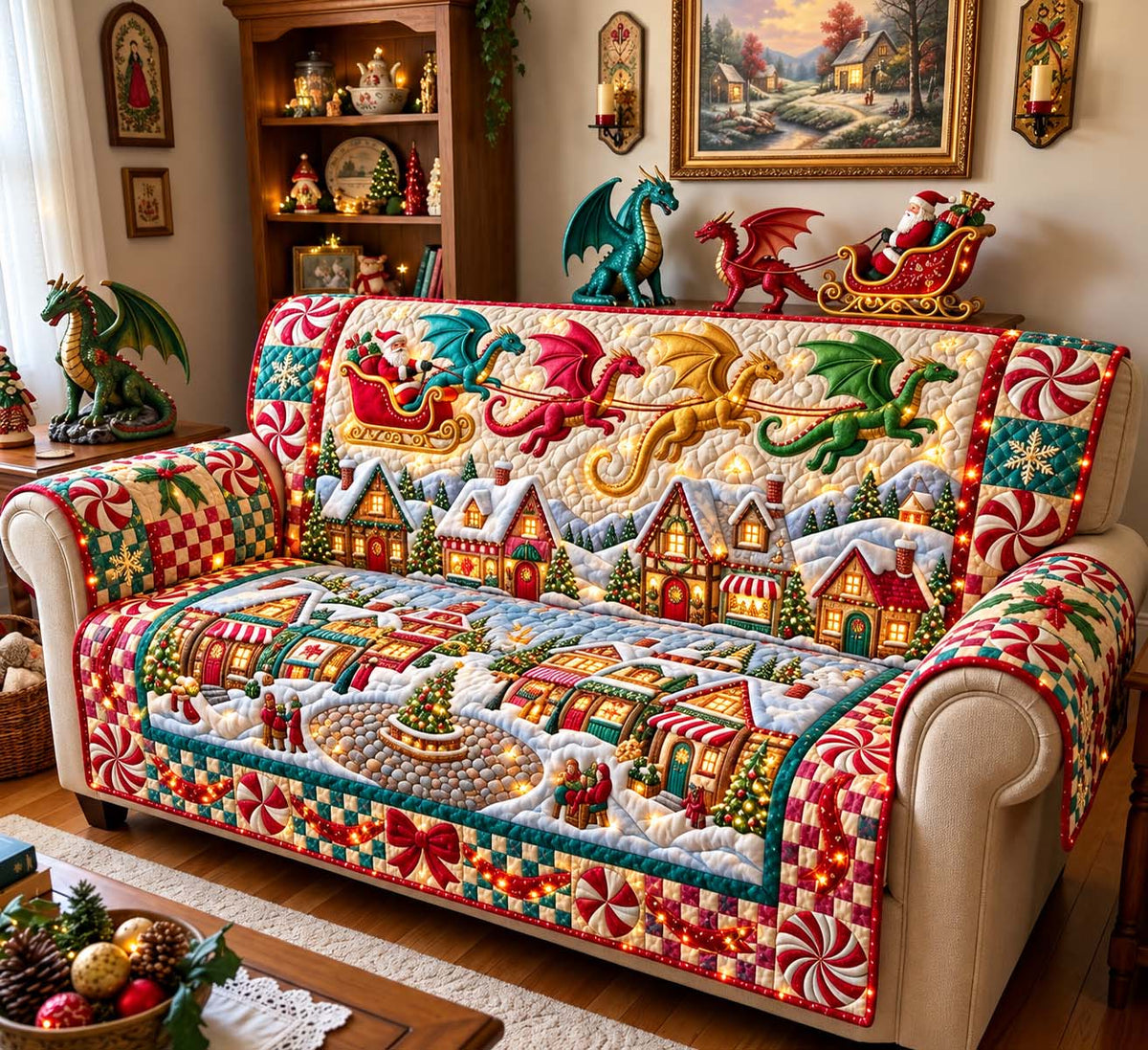 Dragon Christmas Village Quilted Sofa Cover GFTONTD3781