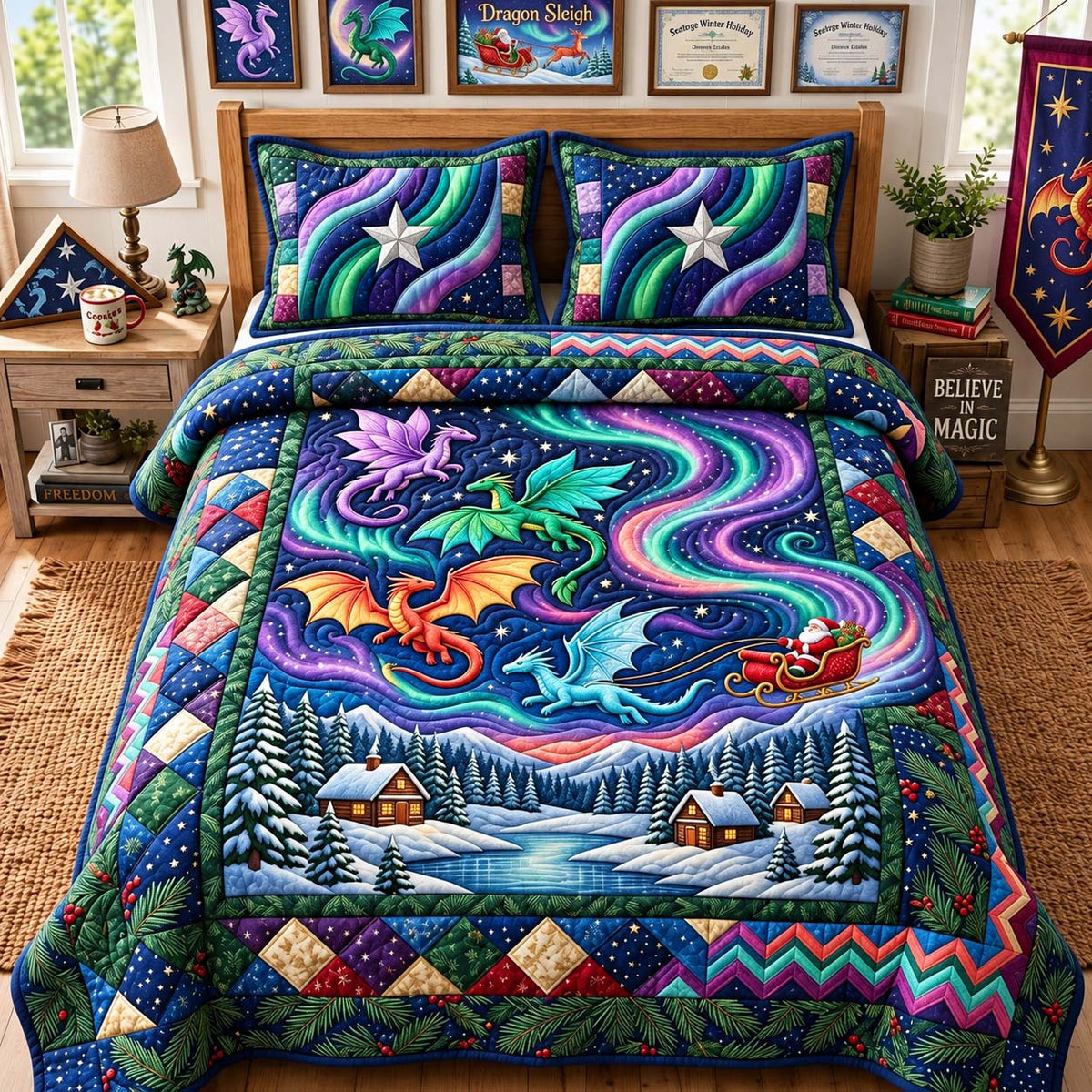 Aurora Dragon Flight 3-Piece Quilted Bedding Set GFTONTD3807