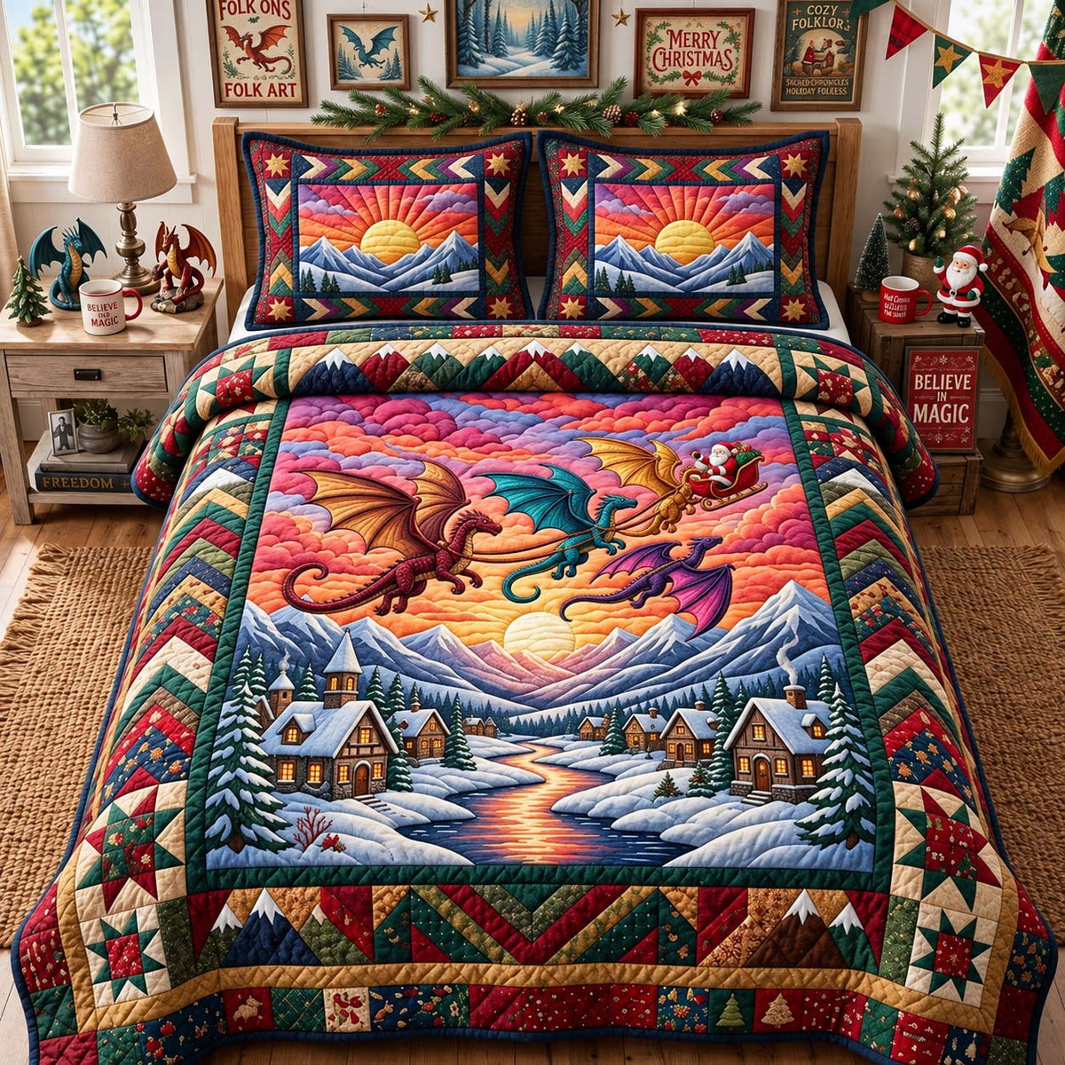 Sunset Dragon Journey 3-Piece Quilted Bedding Set GFTONTD3809
