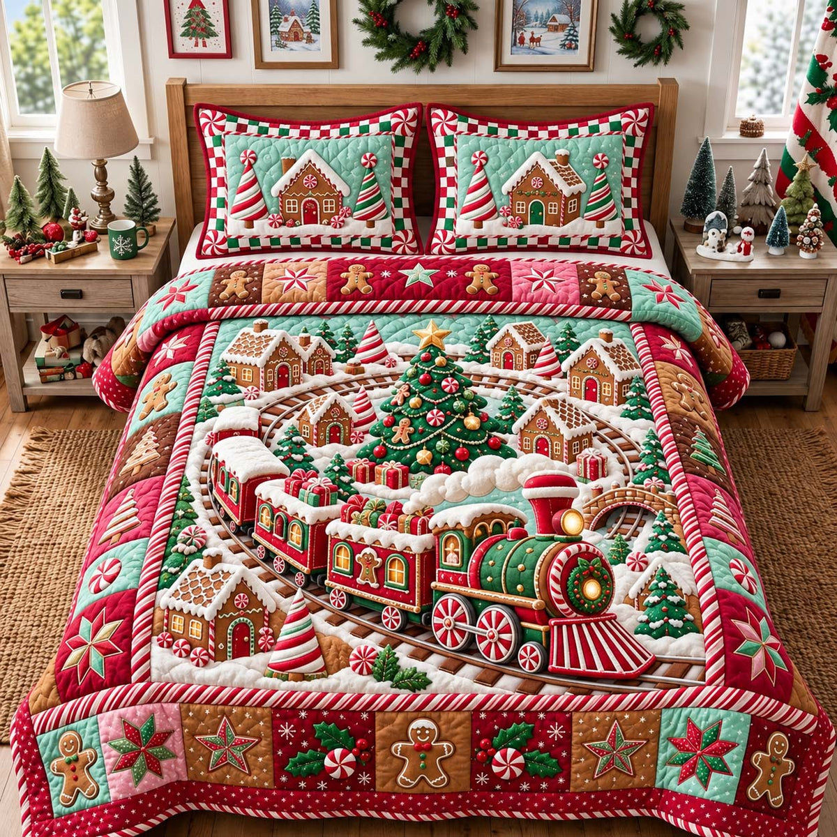 Gingerbread Holiday Train 3-Piece Quilted Bedding Set GFTONTD3812