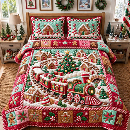 Gingerbread Holiday Train 3-Piece Quilted Bedding Set GFTONTD3812