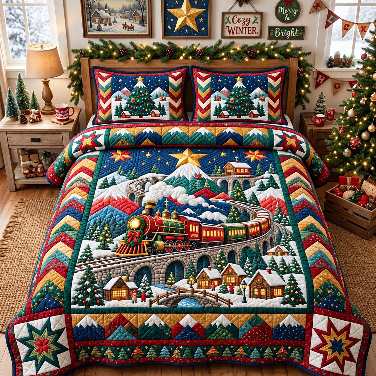 Mountain Christmas Railway 3-Piece Quilted Bedding Set GFTONTD3814