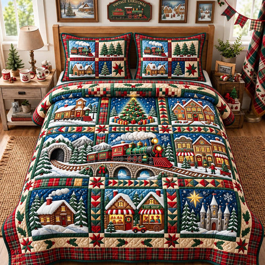 Vintage Holiday Train 3-Piece Quilted Bedding Set GFTONTD3815