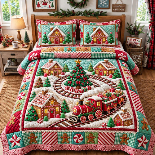 Gingerbread Rail Village 3-Piece Quilted Bedding Set GFTONTD3816