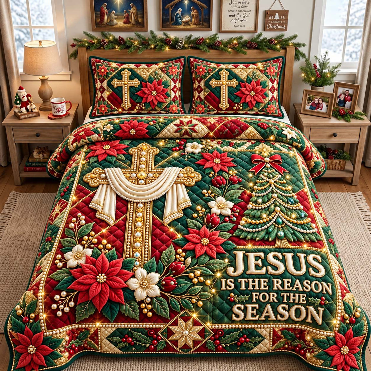 Jesus Poinsettia Cross 3-Piece Quilted Bedding Set GFTONTD3822