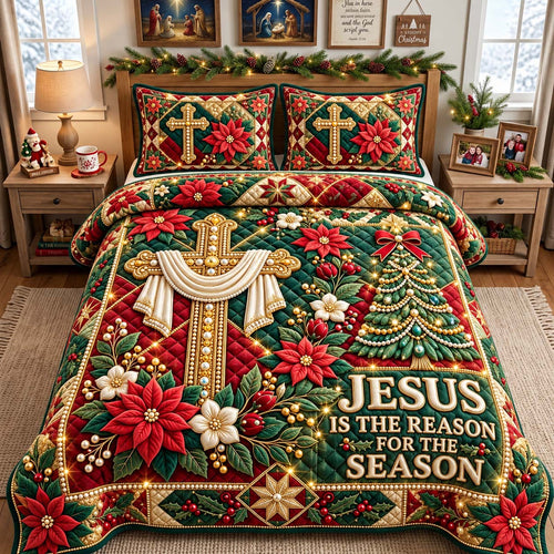 Jesus Poinsettia Cross 3-Piece Quilted Bedding Set GFTONTD3822